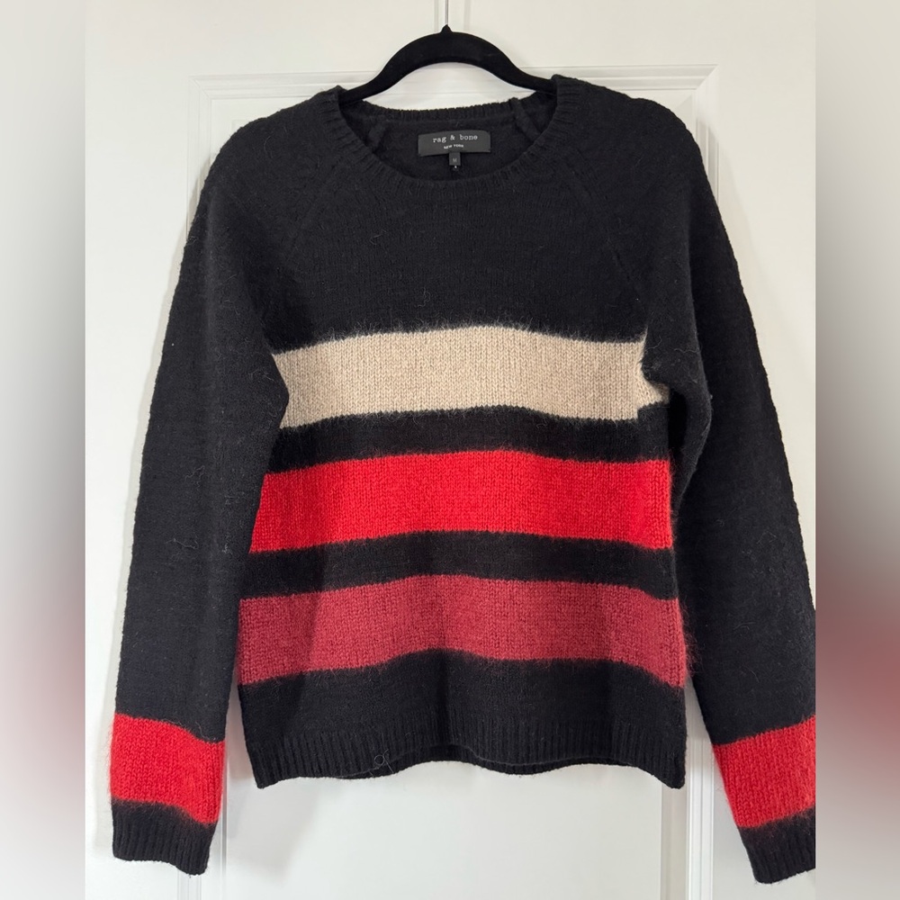 rag & bone Black Mohair-Blend Crewneck Sweater with Red and Cream Stripes